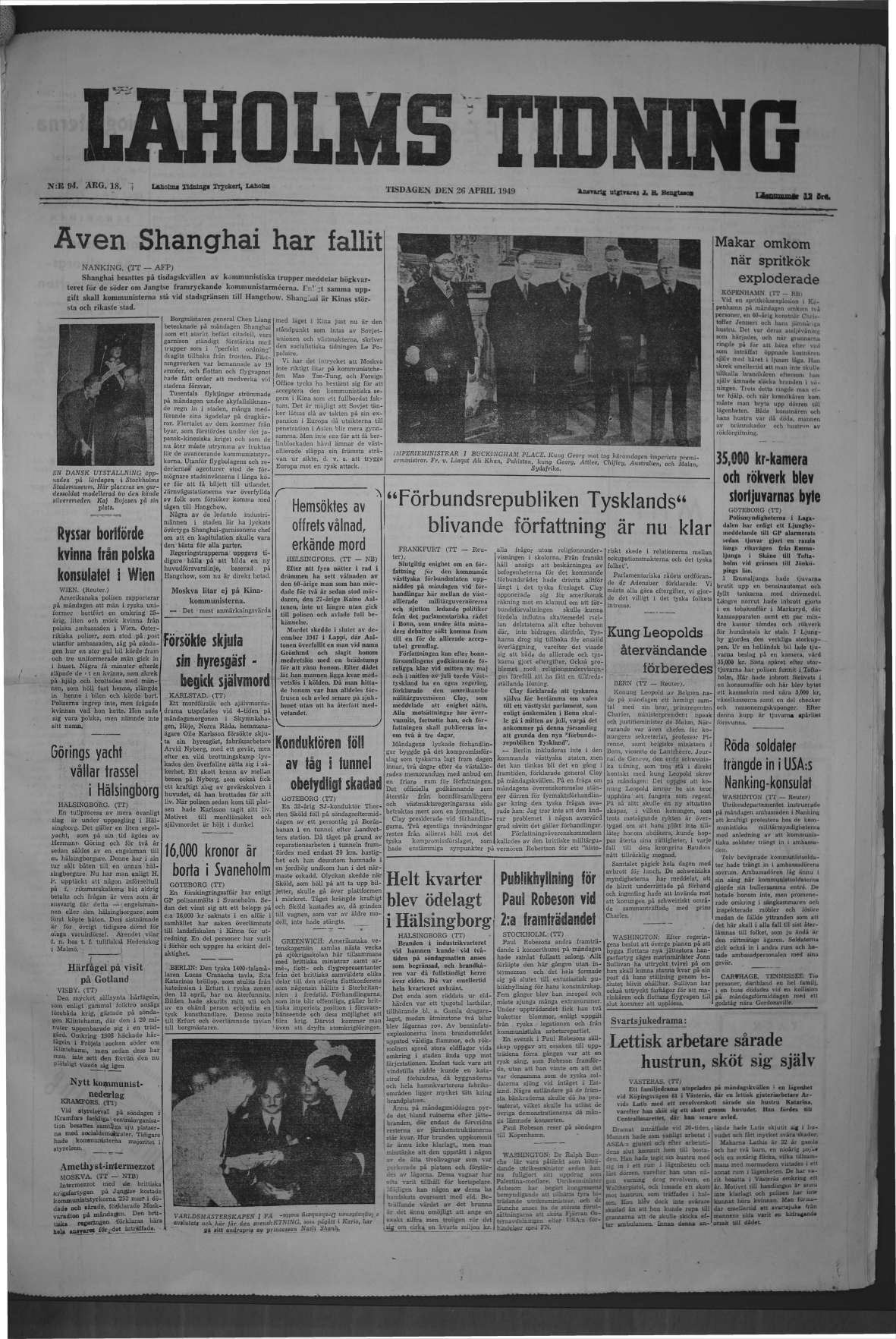 Laholms Tidning Tisdag 26 april 1949, sida 1