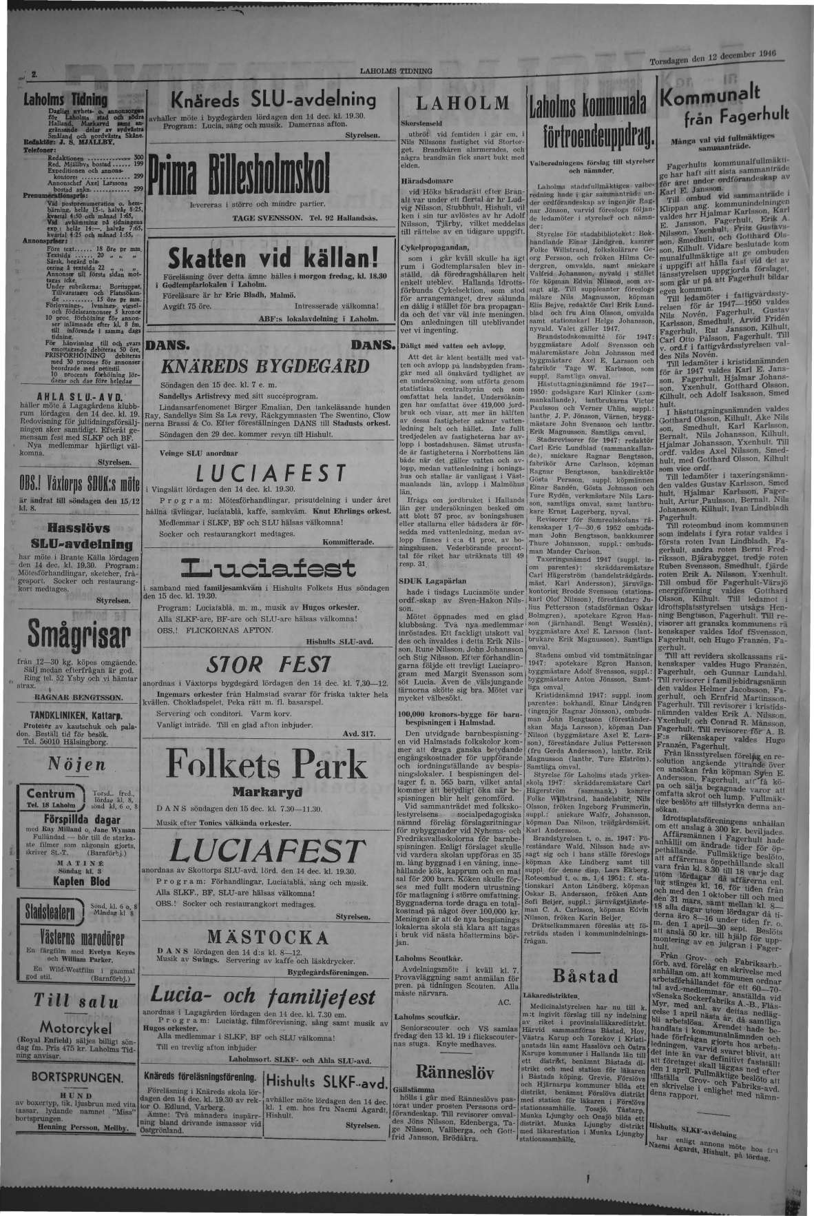 Laholms Tidning Torsdag 12 december 1946, sida 2