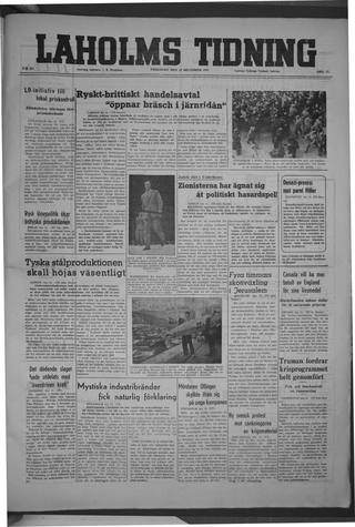 Förstasidan, Fredag 12 december 1947