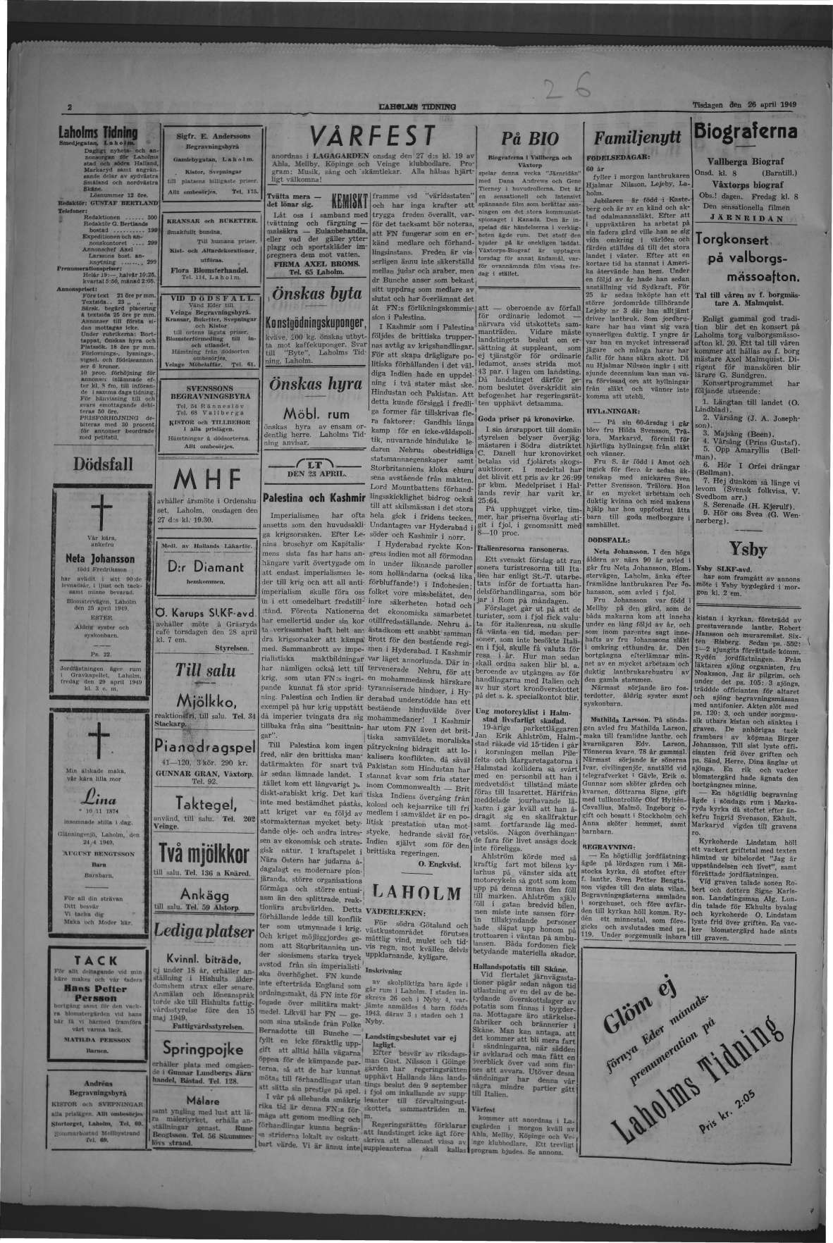 Laholms Tidning Tisdag 26 april 1949, sida 2