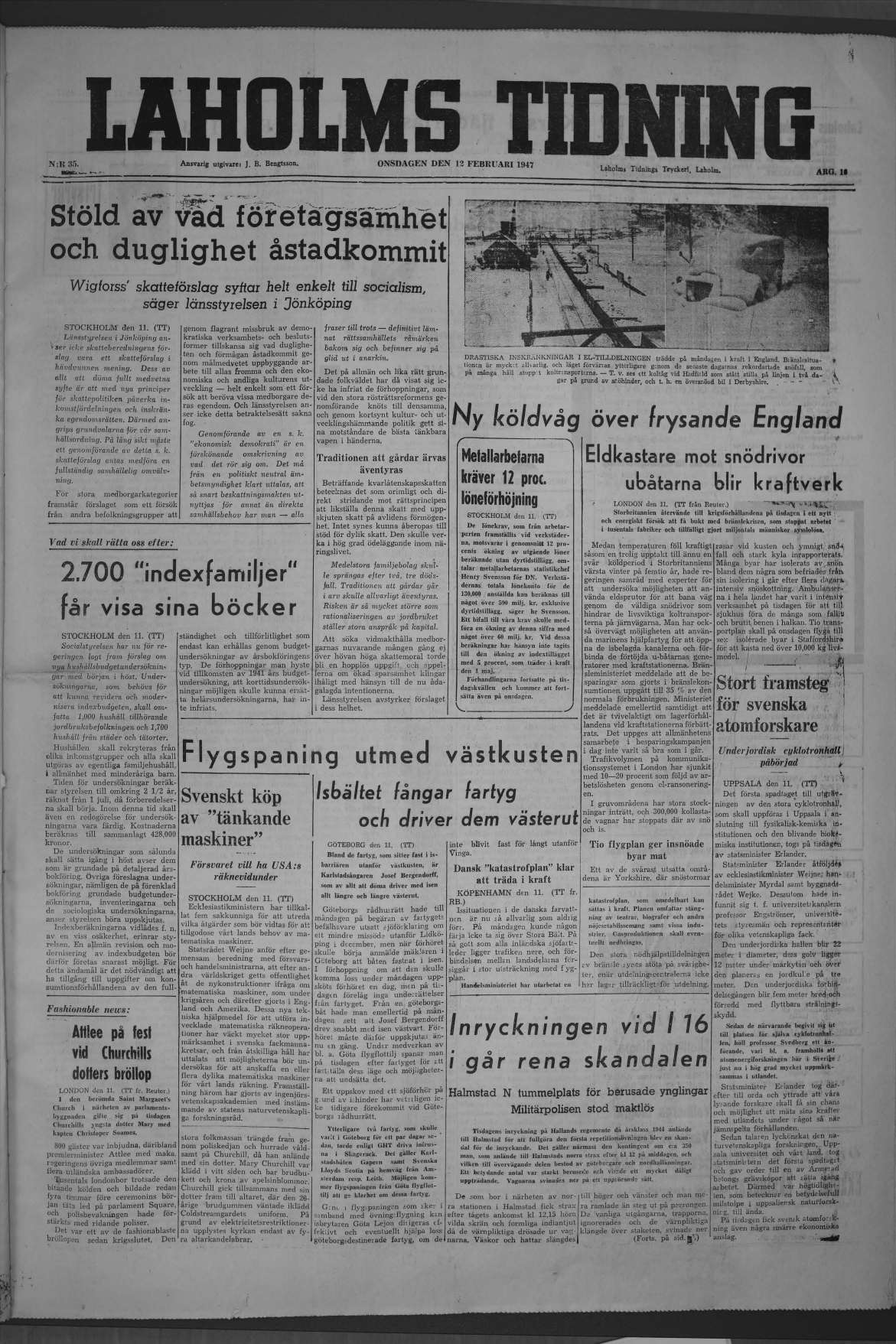 Laholms Tidning Onsdag 12 februari 1947, sida 1