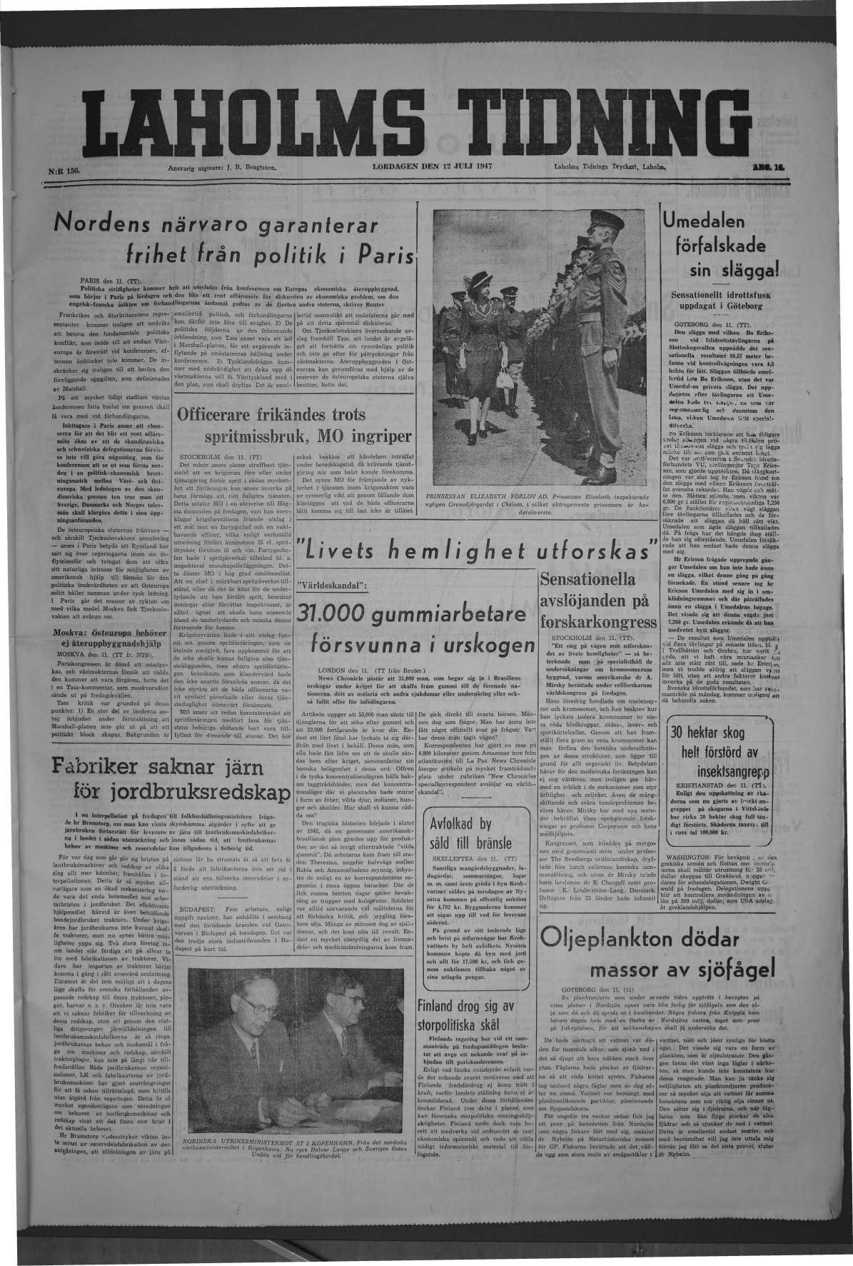 Laholms Tidning Lördag 12 juli 1947, sida 1