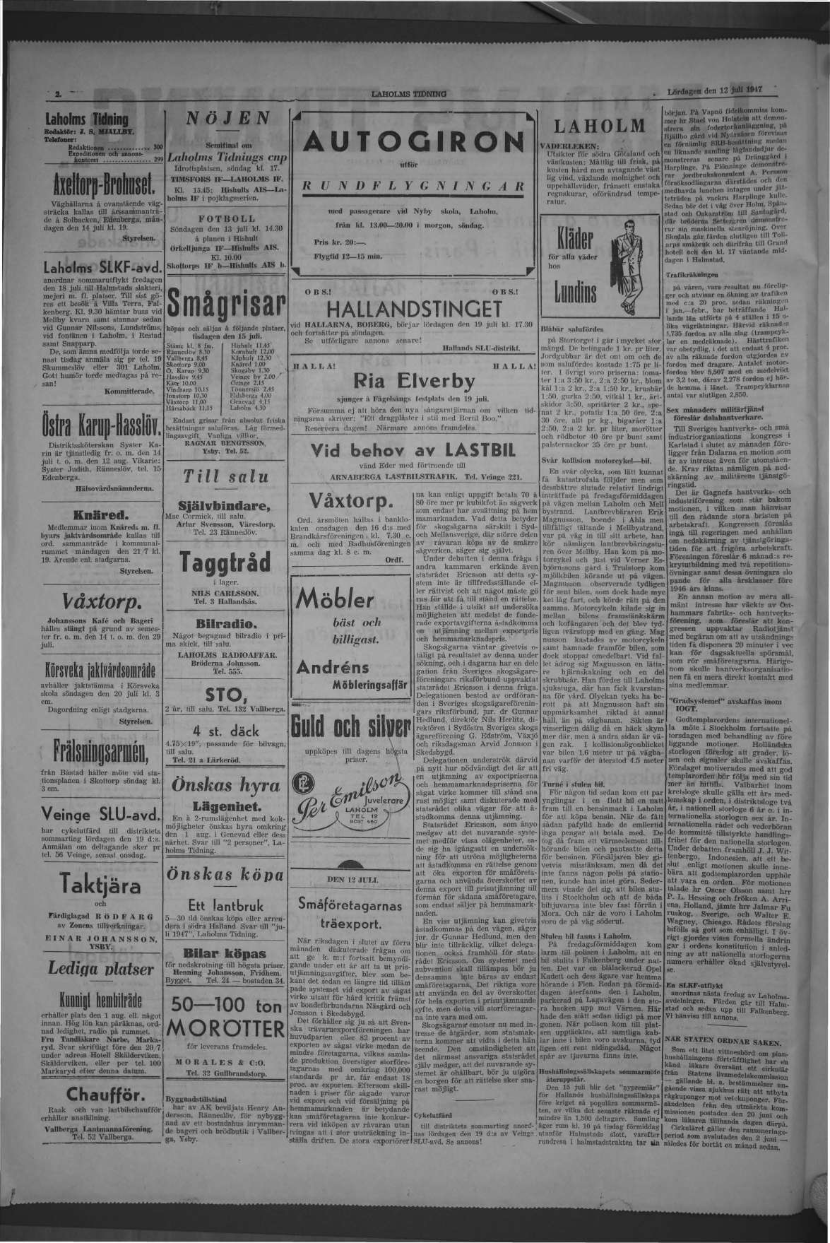 Laholms Tidning Lördag 12 juli 1947, sida 2