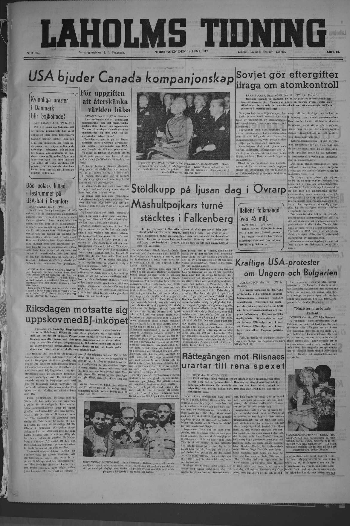 Laholms Tidning Torsdag 12 juni 1947, sida 1