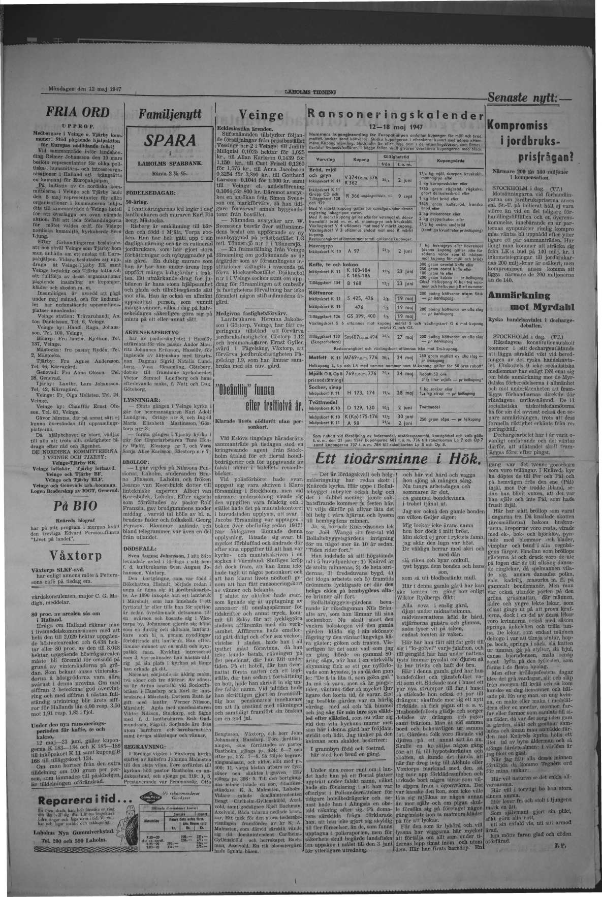 Laholms Tidning Måndag 12 maj 1947, sida 3