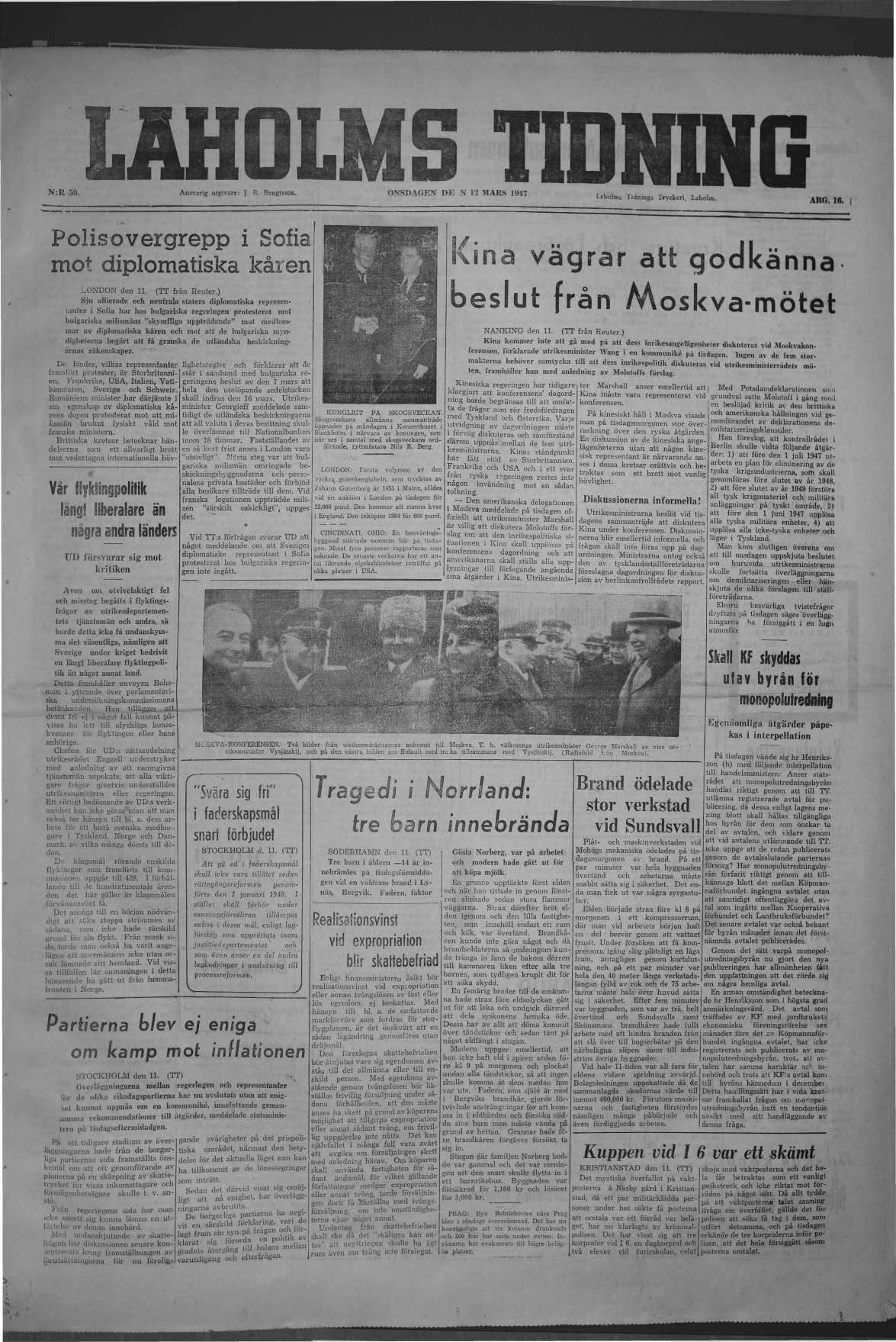Laholms Tidning Onsdag 12 mars 1947, sida 1