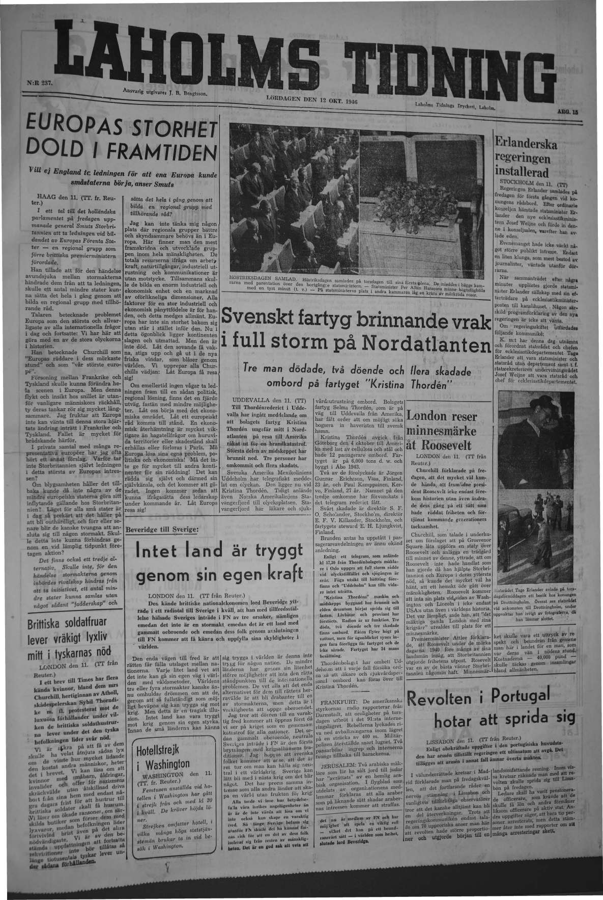 Laholms Tidning Lördag 12 oktober 1946, sida 1