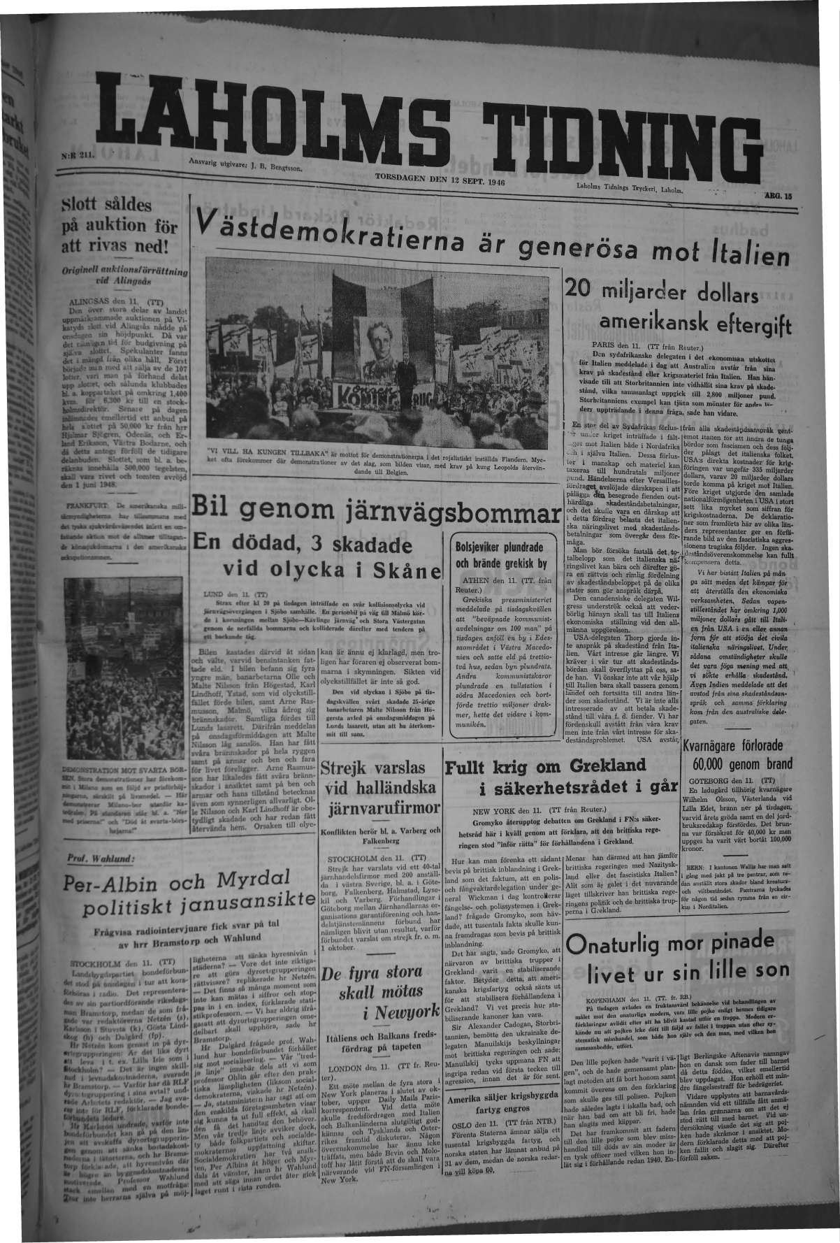 Laholms Tidning Torsdag 12 september 1946, sida 1