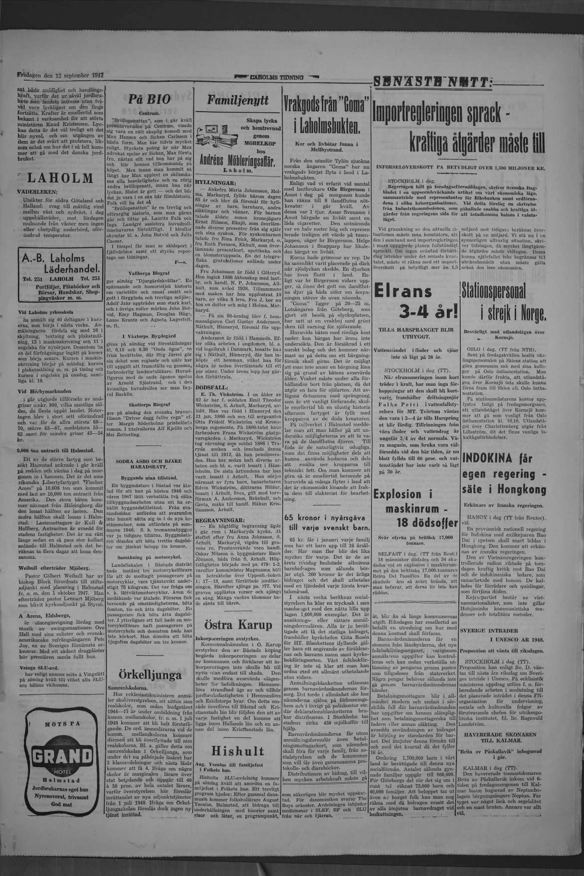 Laholms Tidning Fredag 12 september 1947, sida 3