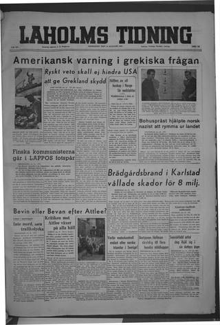 Förstasidan, Onsdag 13 augusti 1947