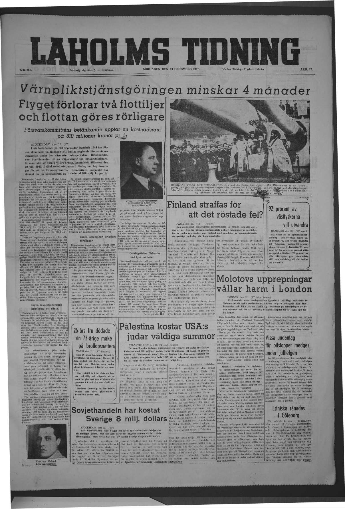 Laholms Tidning Lördag 13 december 1947, sida 1