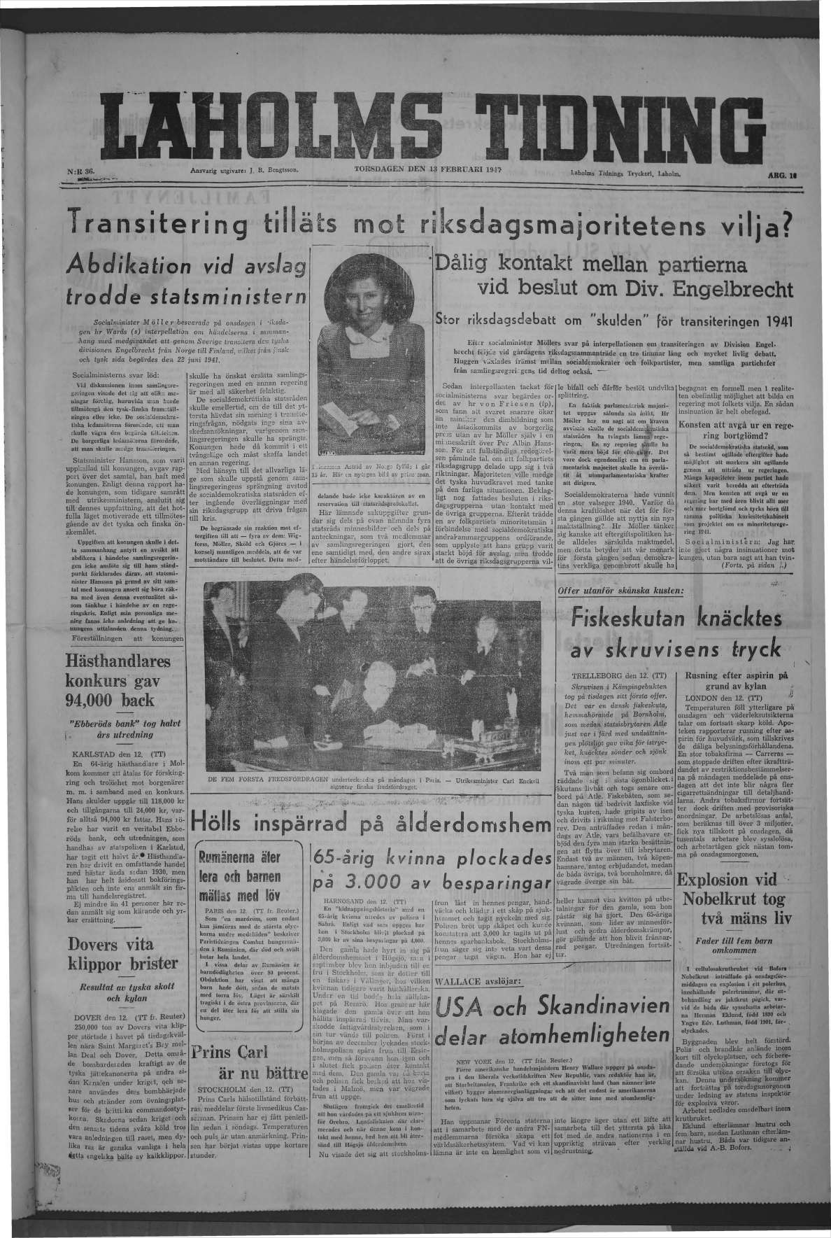 Laholms Tidning Torsdag 13 februari 1947, sida 1