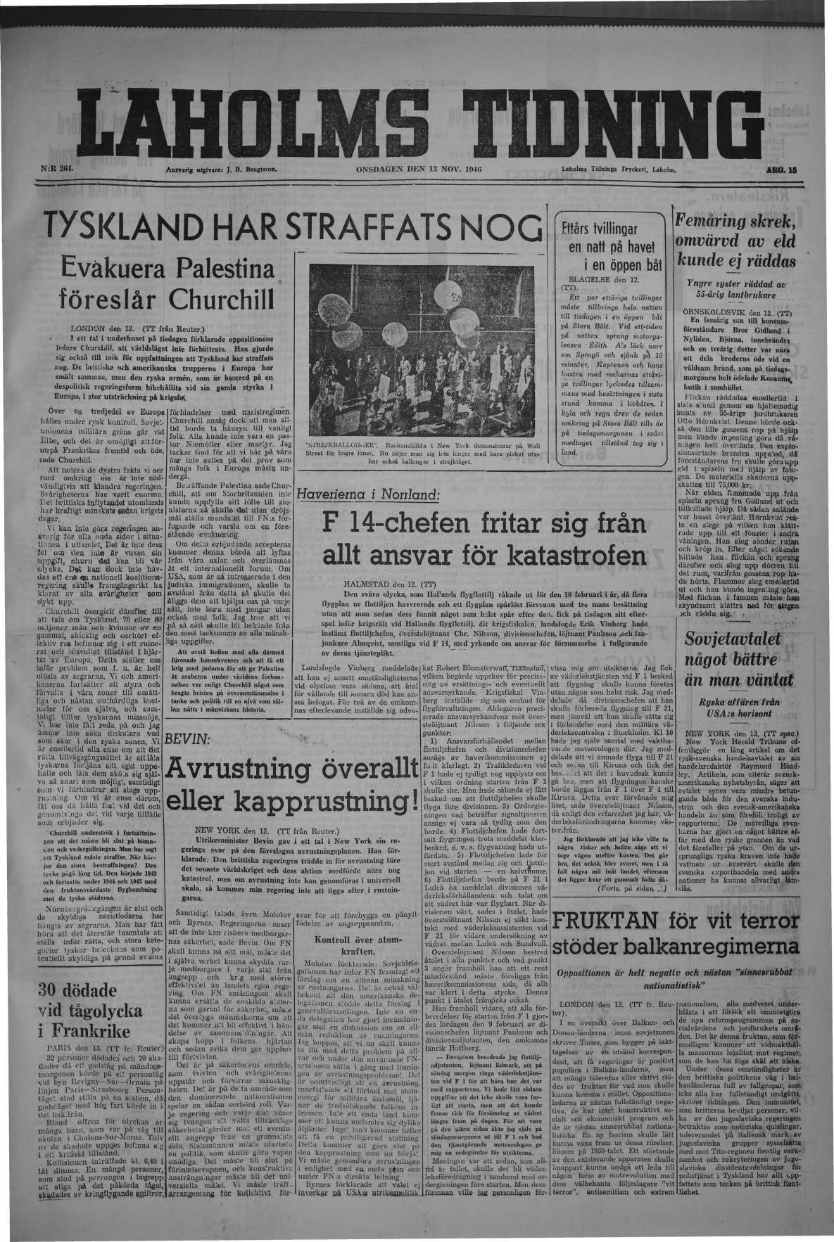 Laholms Tidning Onsdag 13 november 1946, sida 1