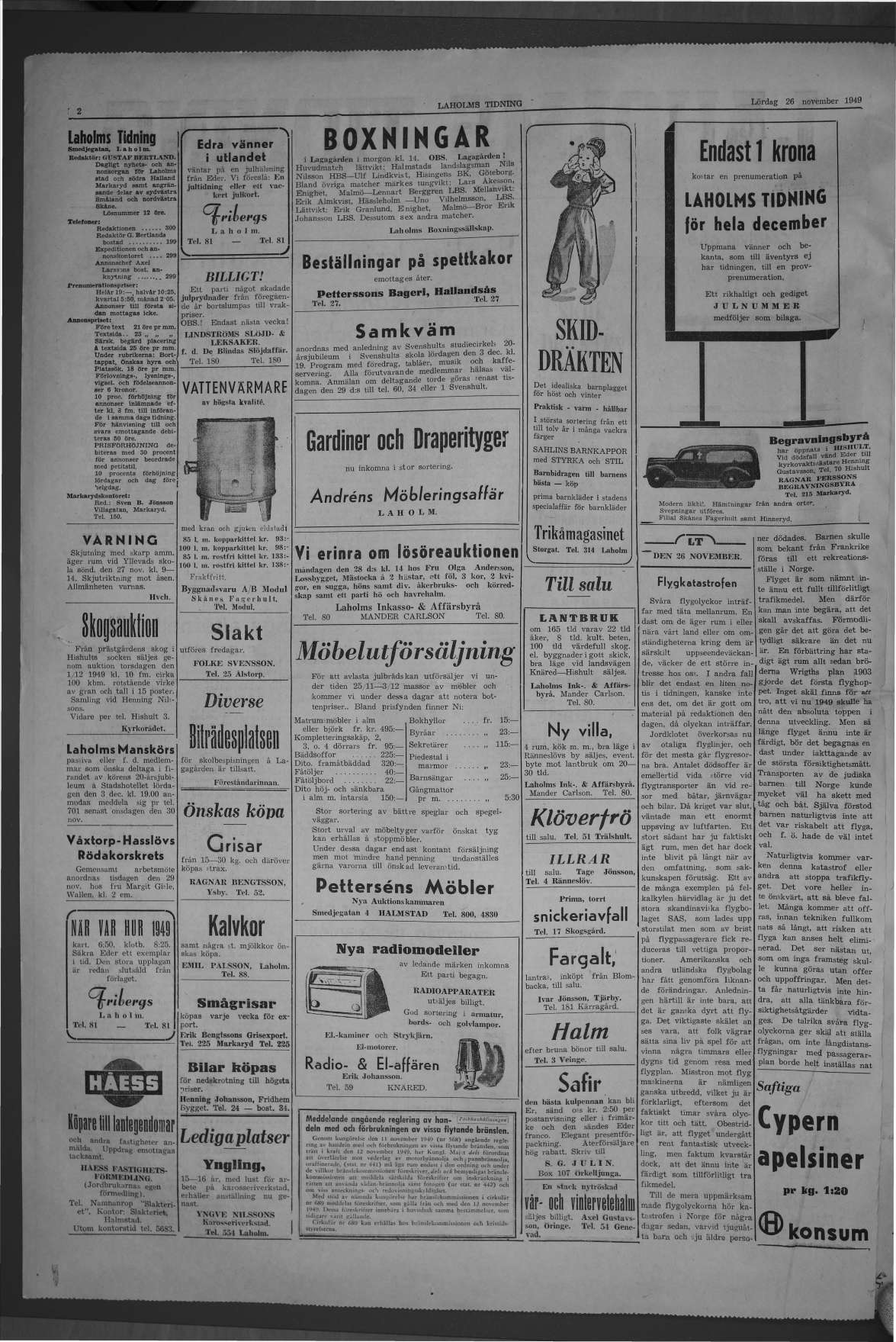 Laholms Tidning Lördag 26 november 1949, sida 2