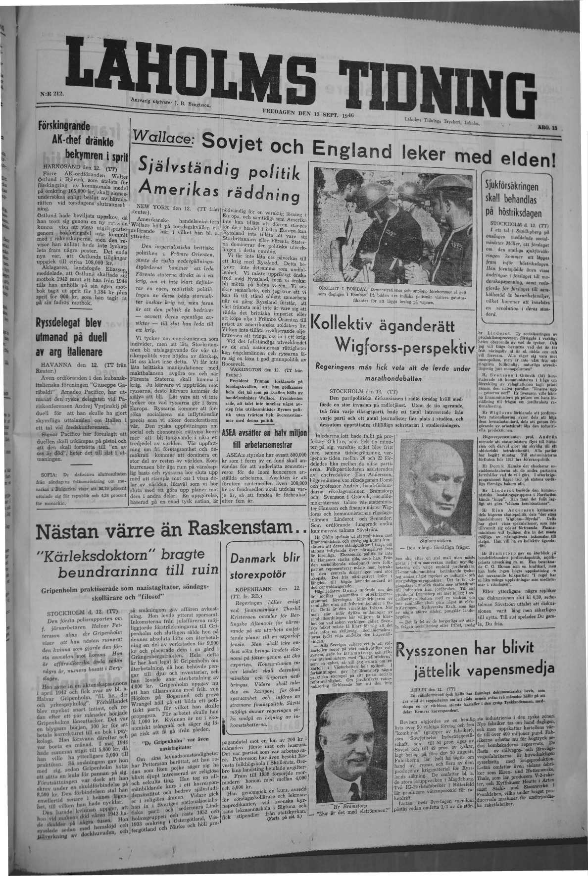 Laholms Tidning Fredag 13 september 1946, sida 1