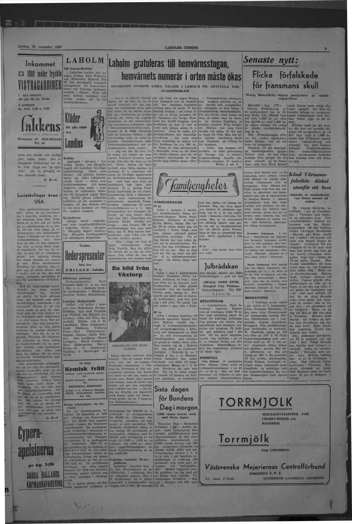 Laholms Tidning Lördag 26 november 1949, sida 3