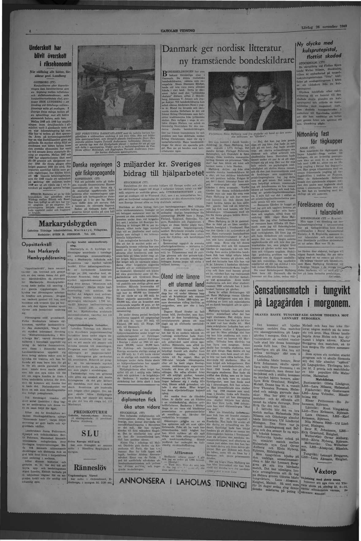 Laholms Tidning Lördag 26 november 1949, sida 4