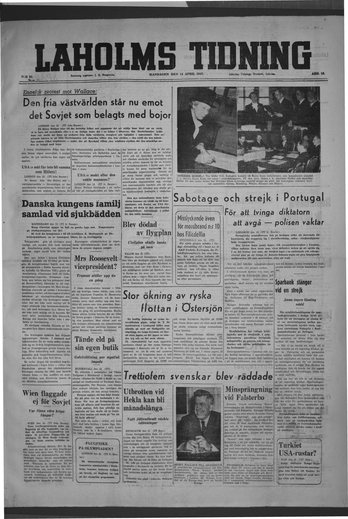Laholms Tidning Måndag 14 april 1947, sida 1