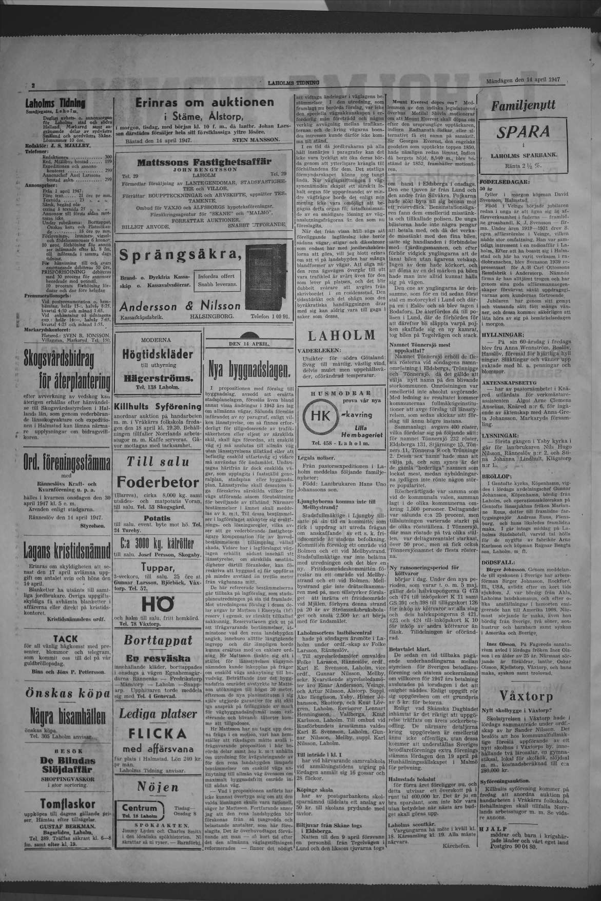 Laholms Tidning Måndag 14 april 1947, sida 2