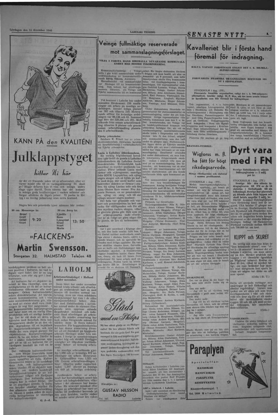 Laholms Tidning Lördag 14 december 1946, sida 3