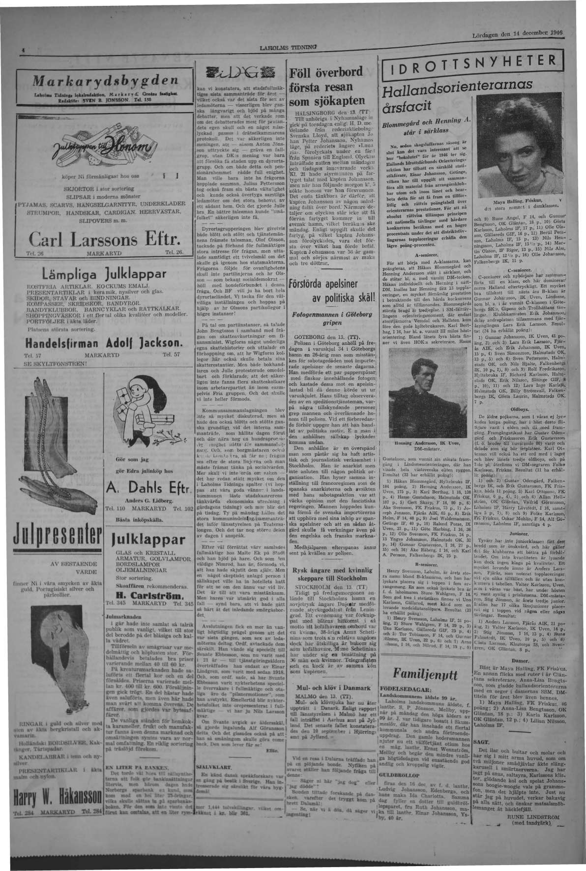 Laholms Tidning Lördag 14 december 1946, sida 4