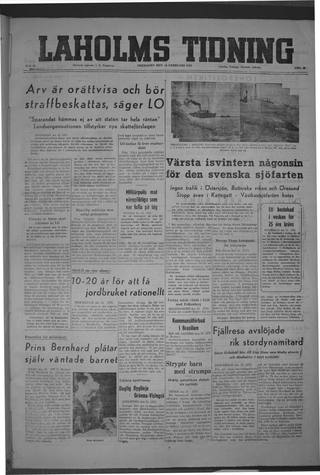 Förstasidan, Fredag 14 februari 1947