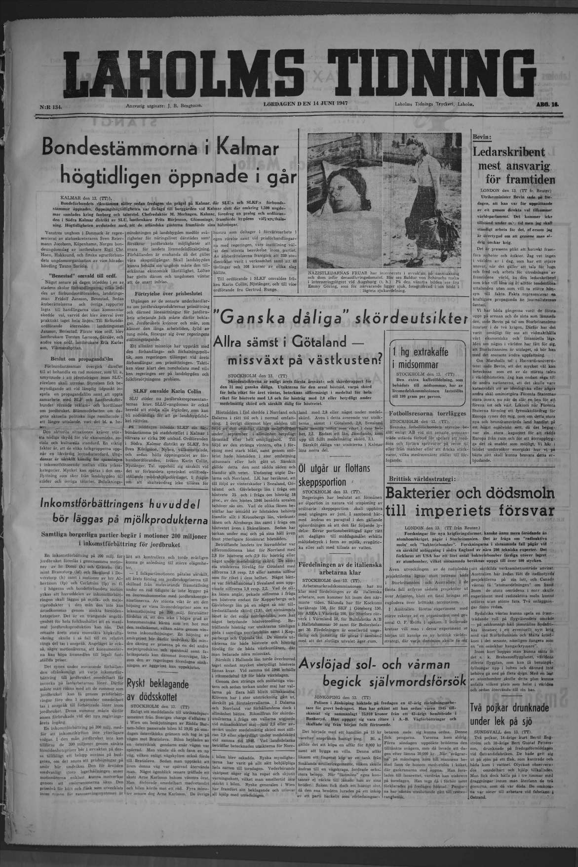 Laholms Tidning Lördag 14 juni 1947, sida 1