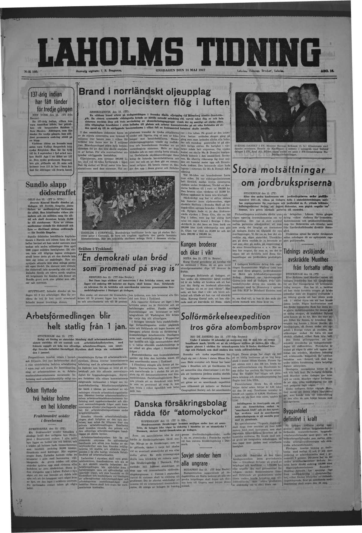 Laholms Tidning Onsdag 14 maj 1947, sida 1