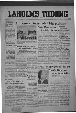 Förstasidan, Fredag 14 mars 1947