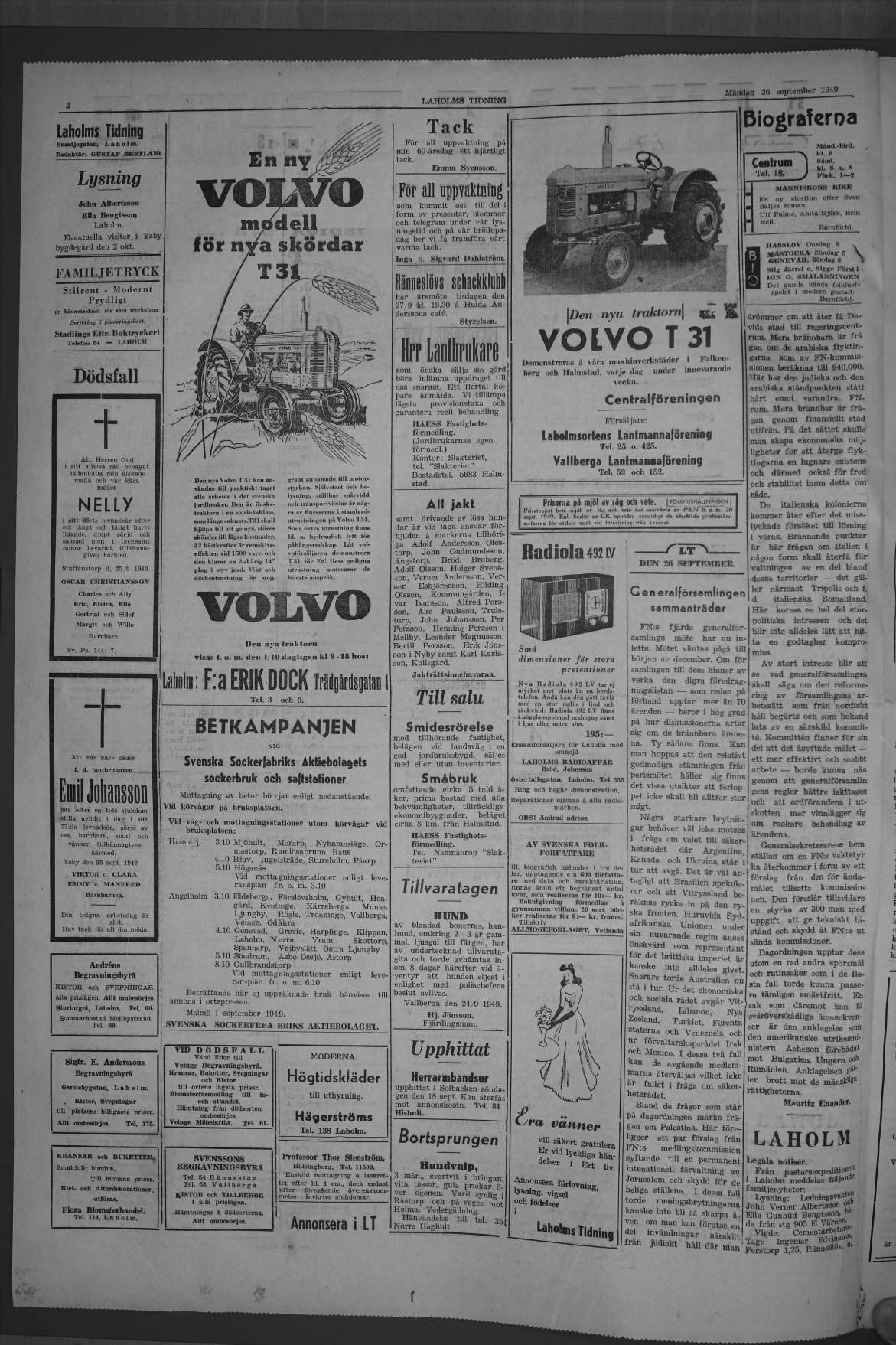 Laholms Tidning Måndag 26 september 1949, sida 2