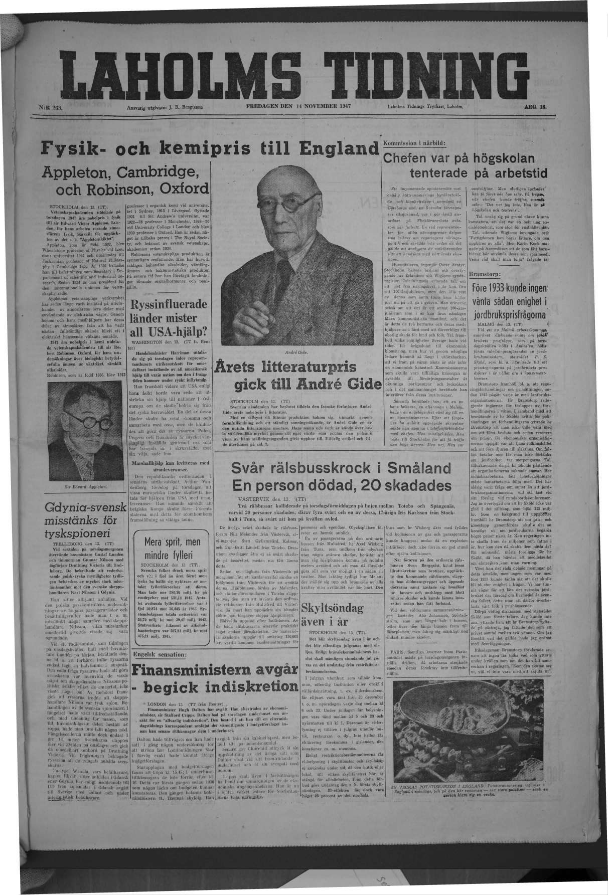 Laholms Tidning Fredag 14 november 1947, sida 1