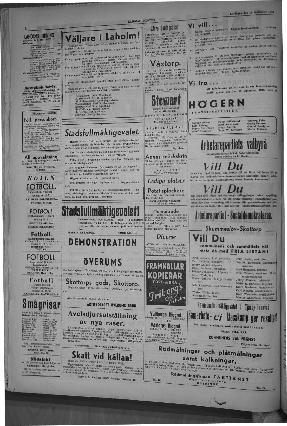 Laholms Tidning Lördag 14 september 1946, sida 2