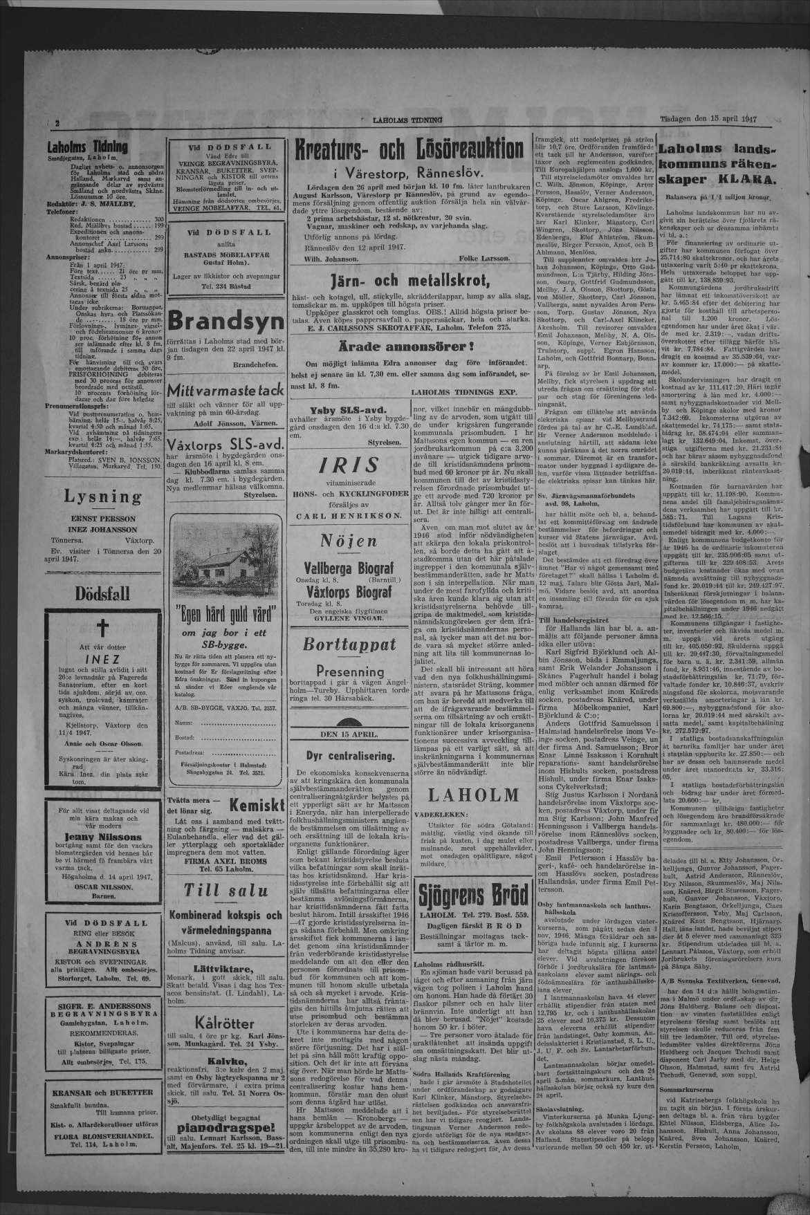 Laholms Tidning Tisdag 15 april 1947, sida 2