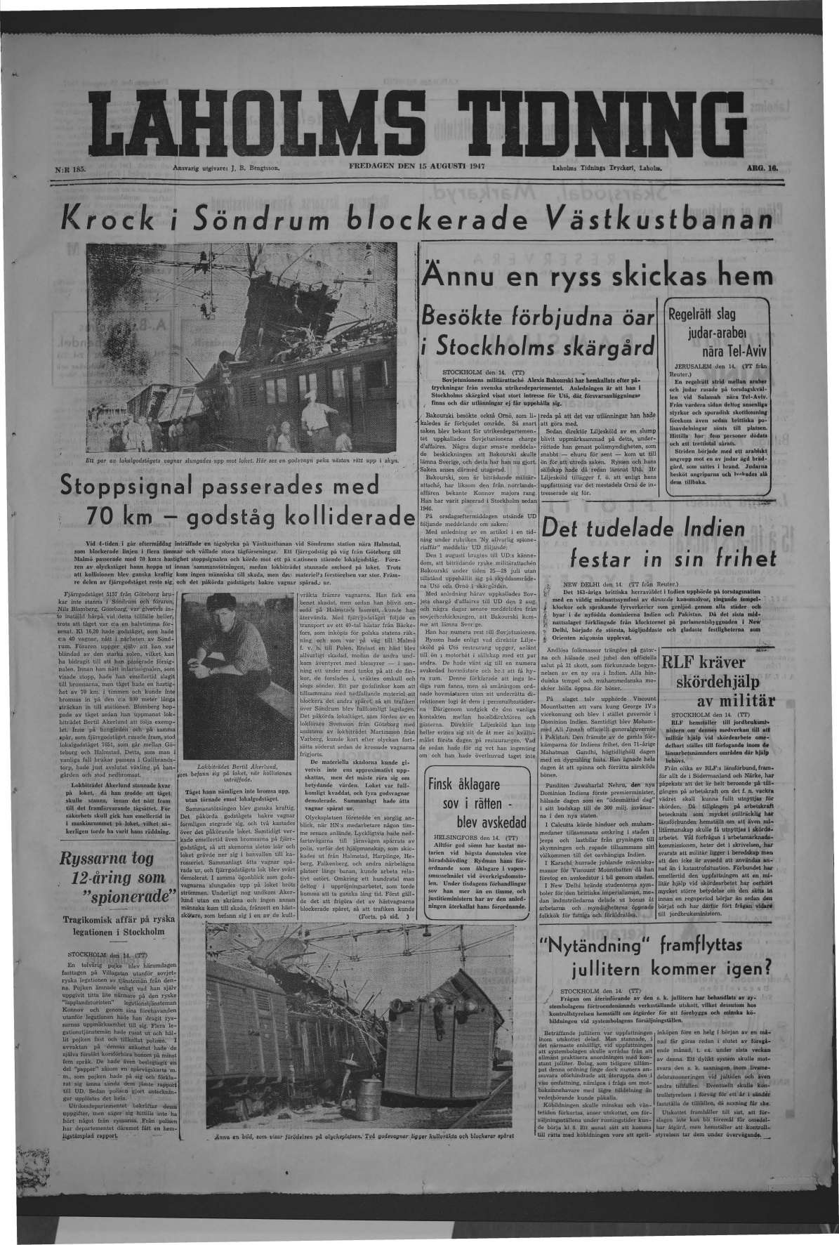 Laholms Tidning Fredag 15 augusti 1947, sida 1
