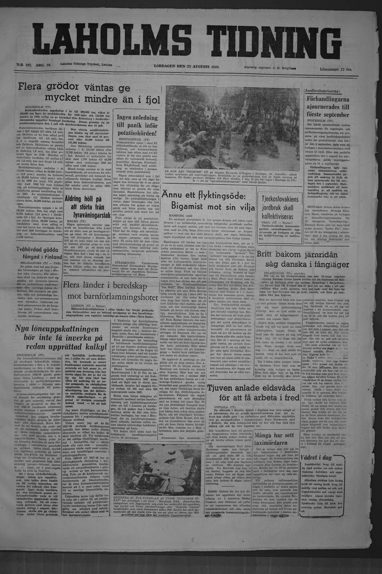Laholms Tidning Lördag 27 augusti 1949, sida 1