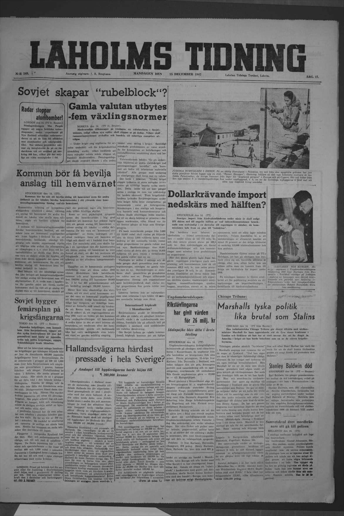 Laholms Tidning Måndag 15 december 1947, sida 1