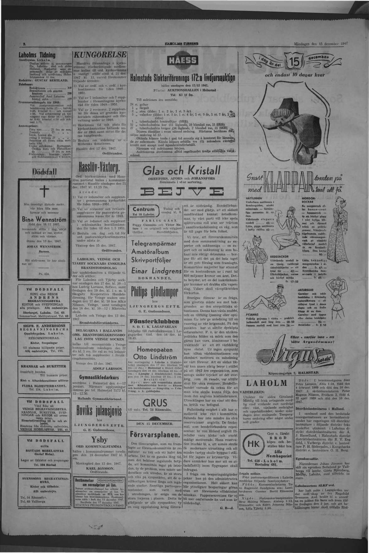 Laholms Tidning Måndag 15 december 1947, sida 2