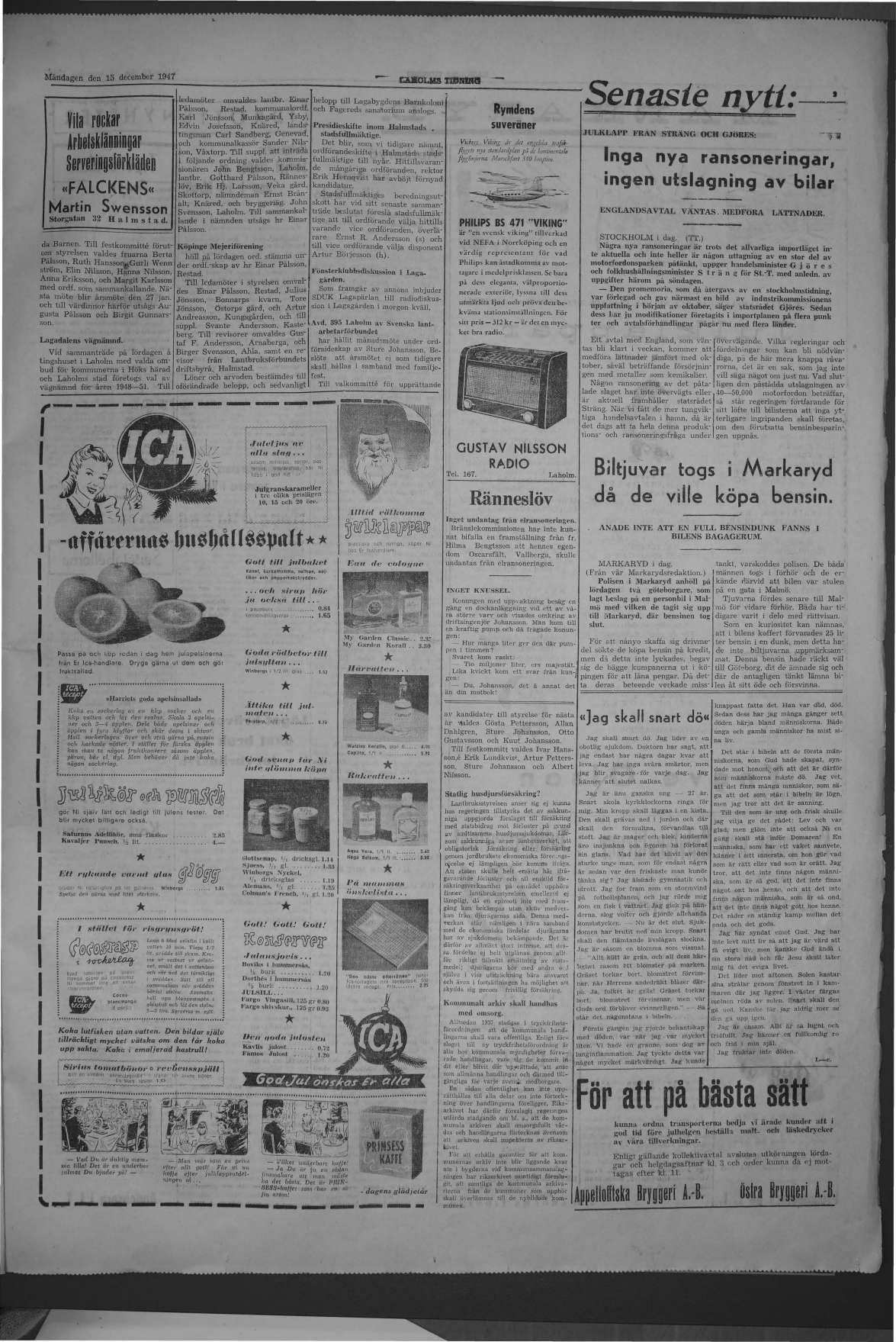 Laholms Tidning Måndag 15 december 1947, sida 3
