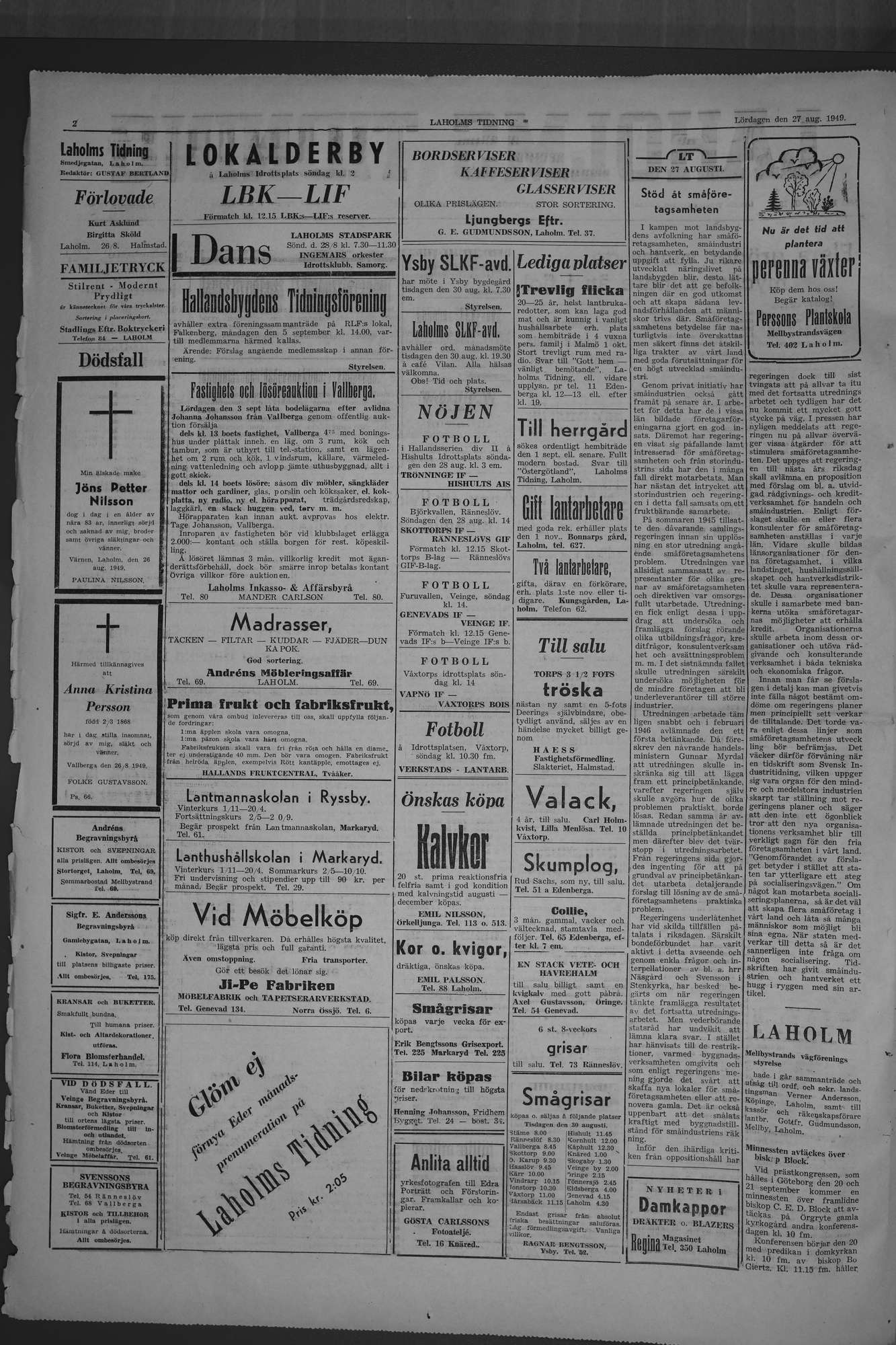 Laholms Tidning Lördag 27 augusti 1949, sida 2