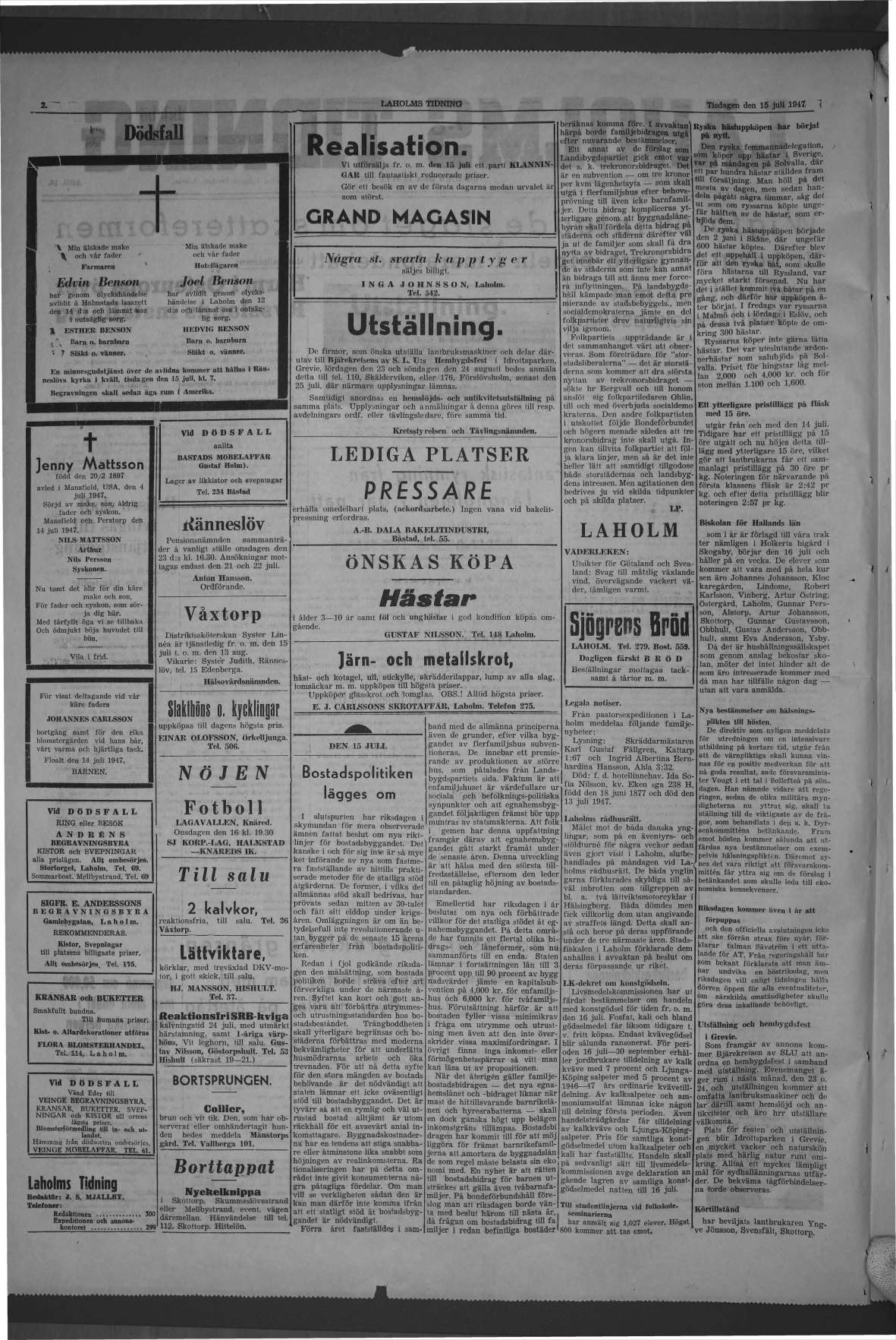Laholms Tidning Tisdag 15 juli 1947, sida 2