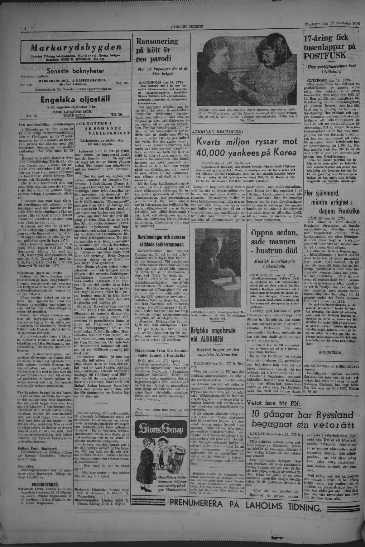 Laholms Tidning Fredag 15 november 1946, sida 4