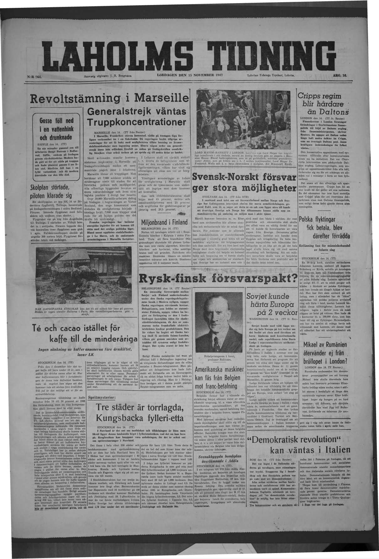 Laholms Tidning Lördag 15 november 1947, sida 1
