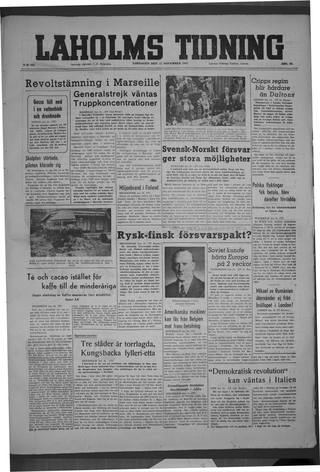 Förstasidan, Lördag 15 november 1947
