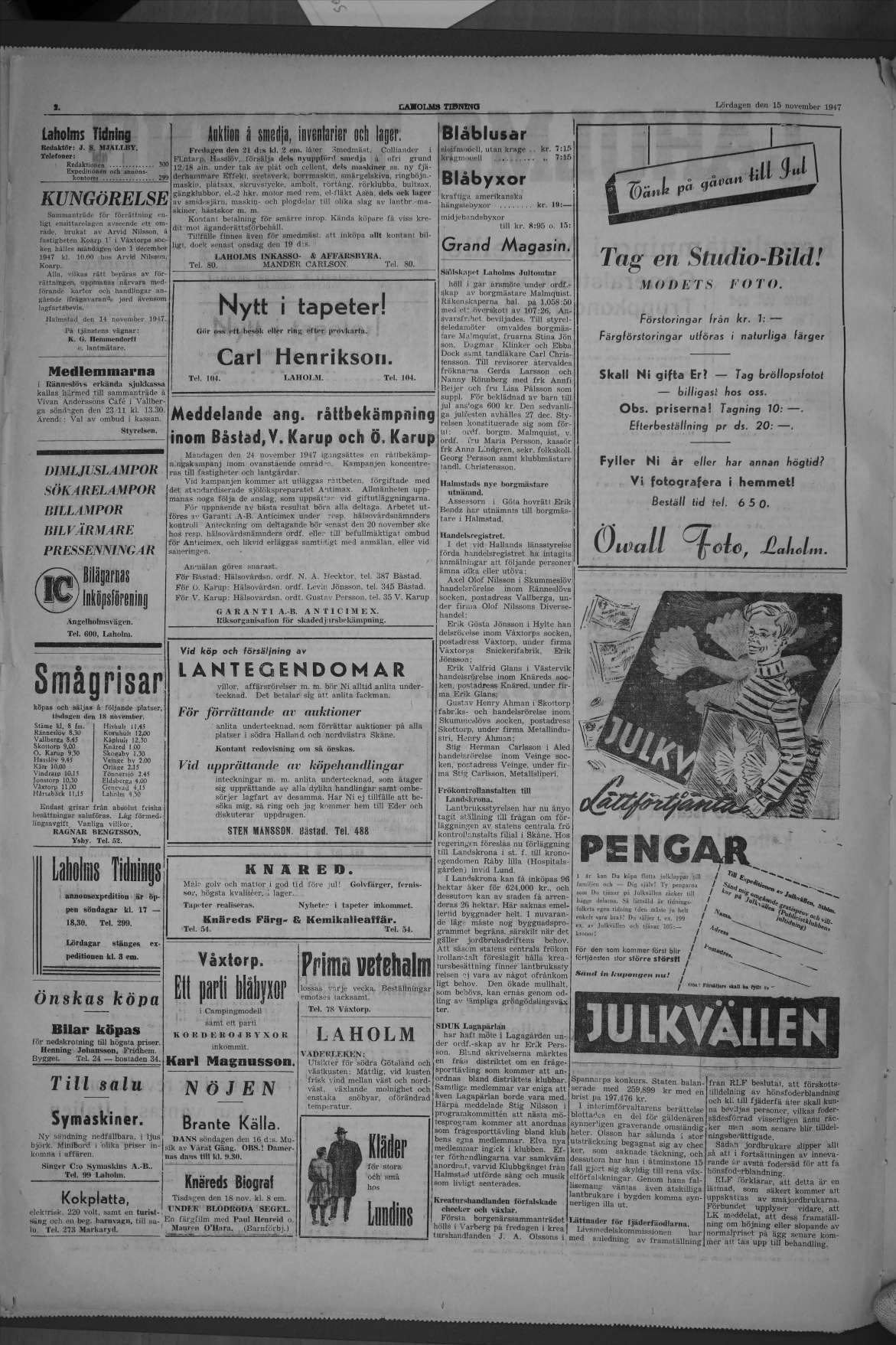 Laholms Tidning Lördag 15 november 1947, sida 2