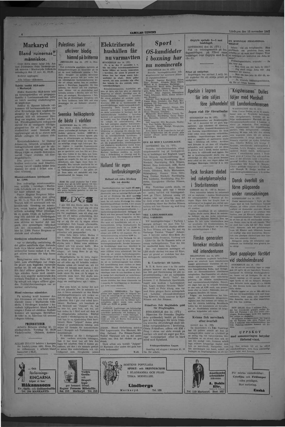 Laholms Tidning Lördag 15 november 1947, sida 4