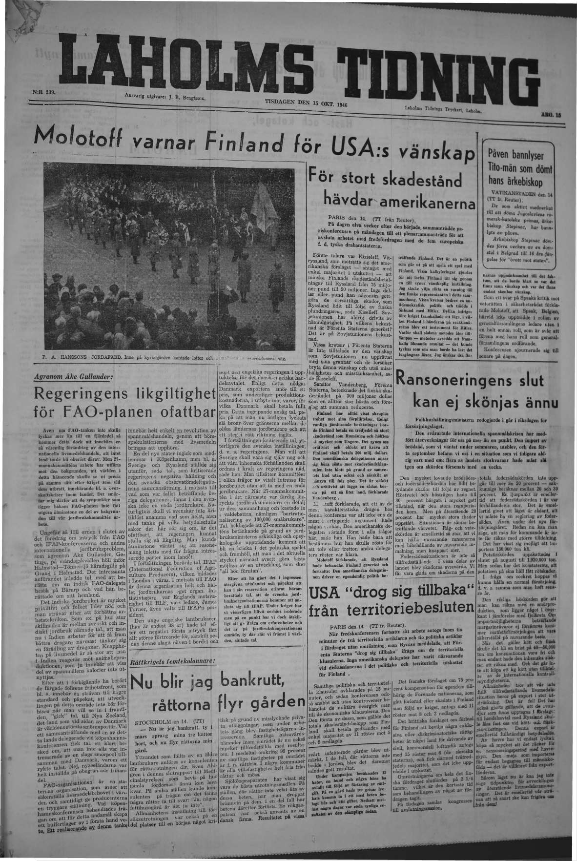 Laholms Tidning Tisdag 15 oktober 1946, sida 1