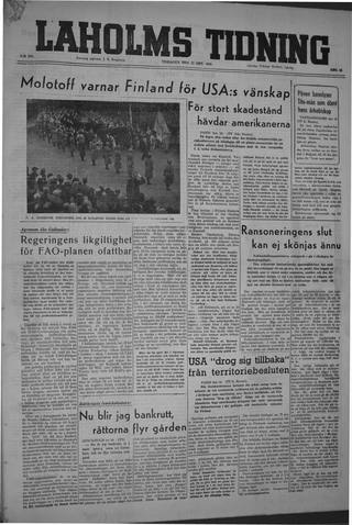 Förstasidan, Tisdag 15 oktober 1946