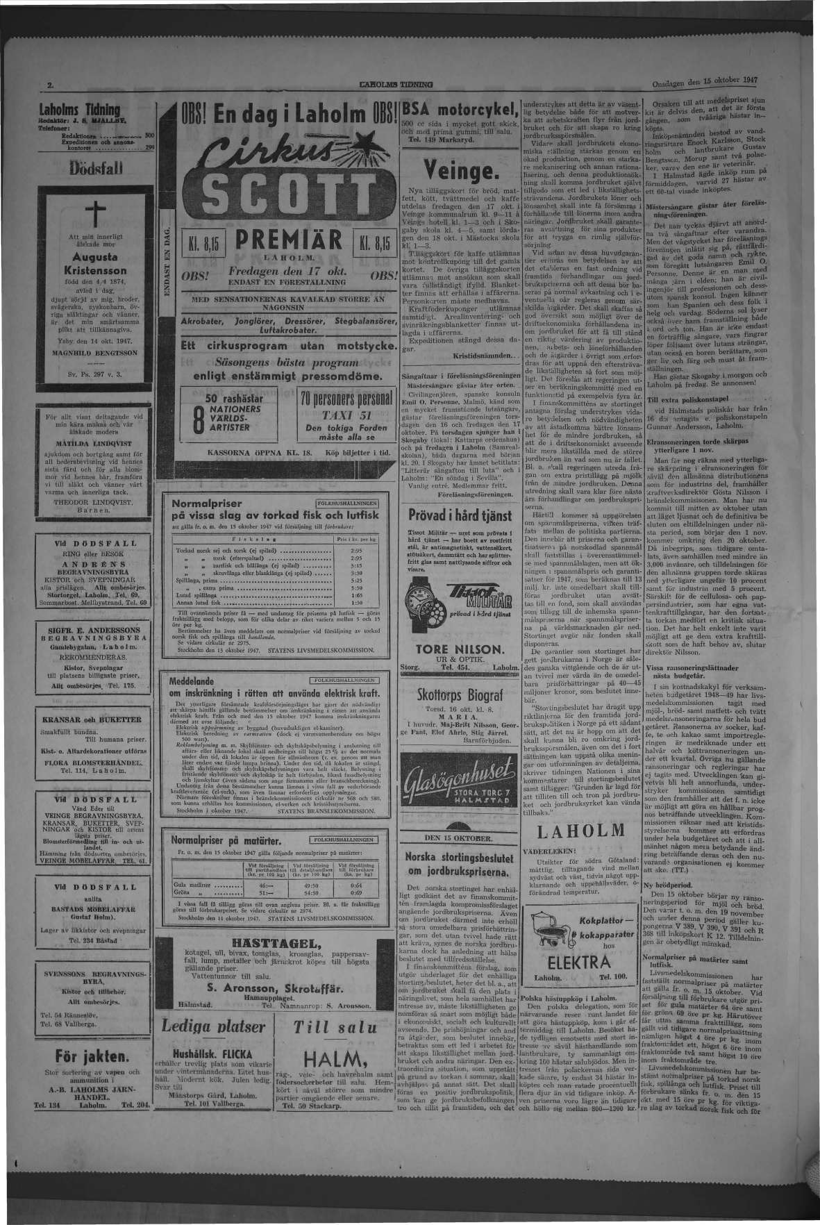 Laholms Tidning Onsdag 15 oktober 1947, sida 2