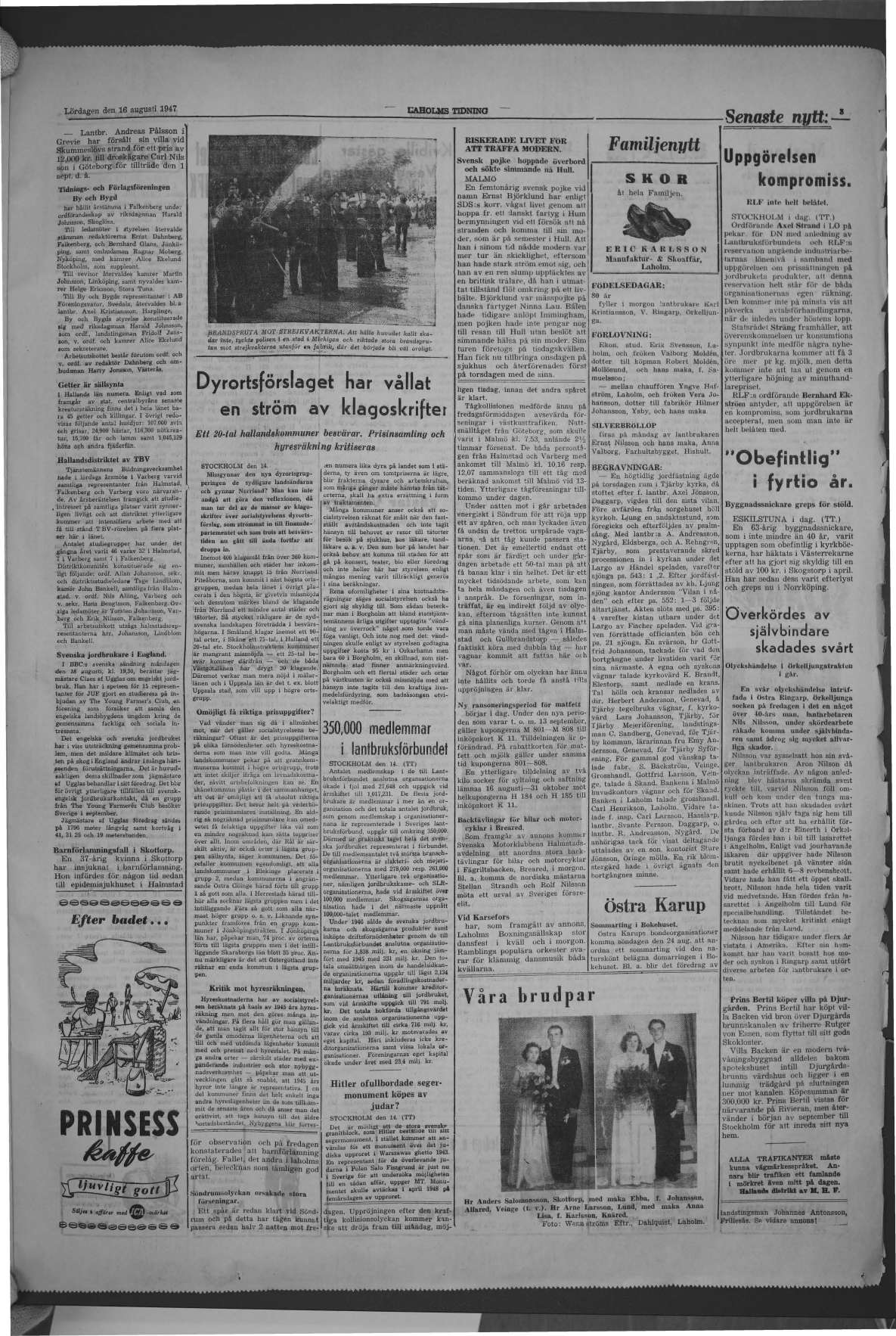 Laholms Tidning Lördag 16 augusti 1947, sida 3