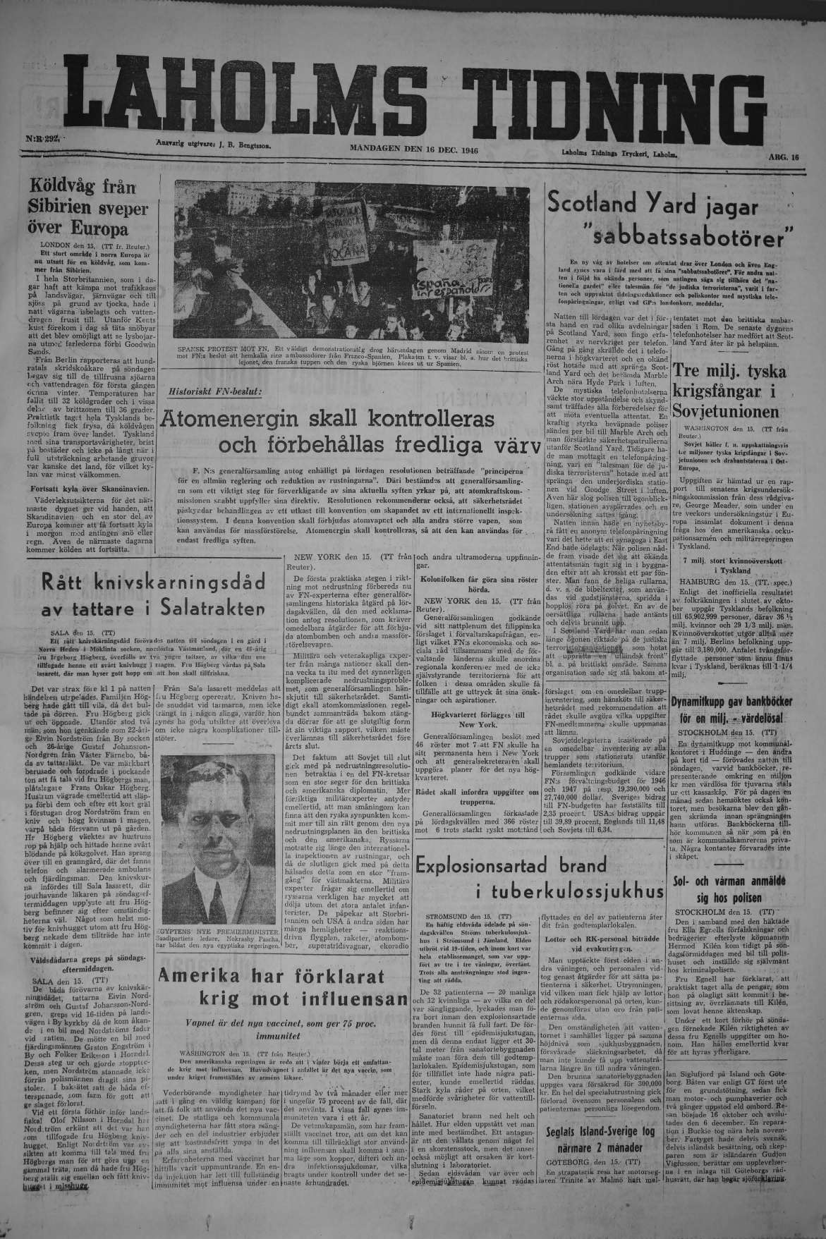 Laholms Tidning Måndag 16 december 1946, sida 1